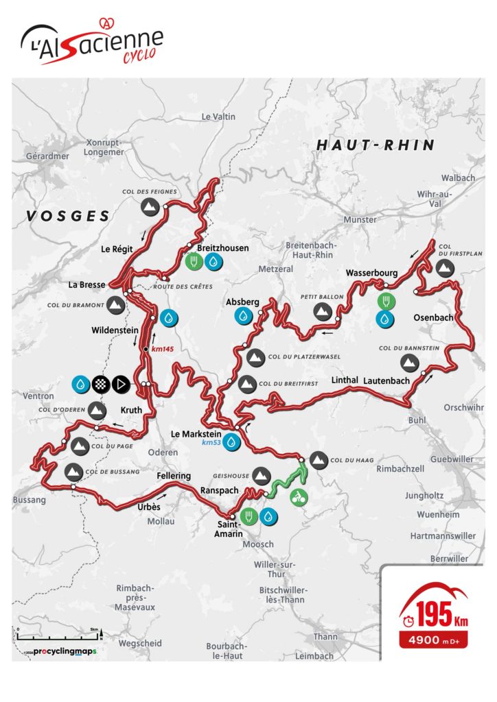 Tracé du parcours de la cyclosportive de 195 km de L'Alsacienne, l'événement cycliste ouvert à des milliers de participants
