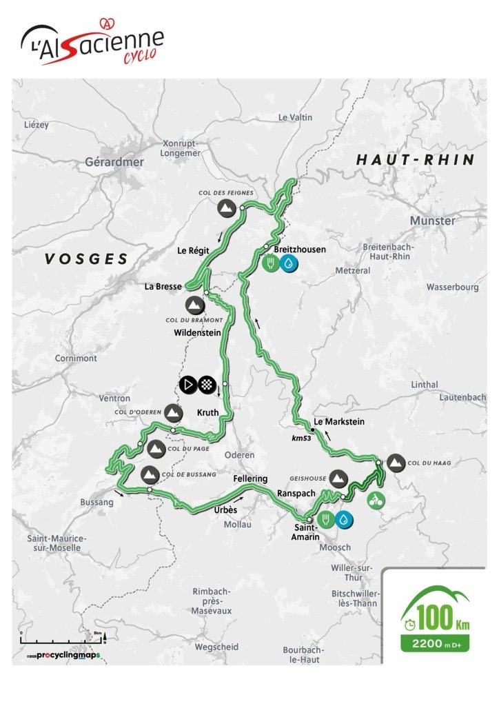 Tracé du parcours de la cyclosportive de 100 km de L'Alsacienne, l'événement cycliste ouvert à des milliers de participants