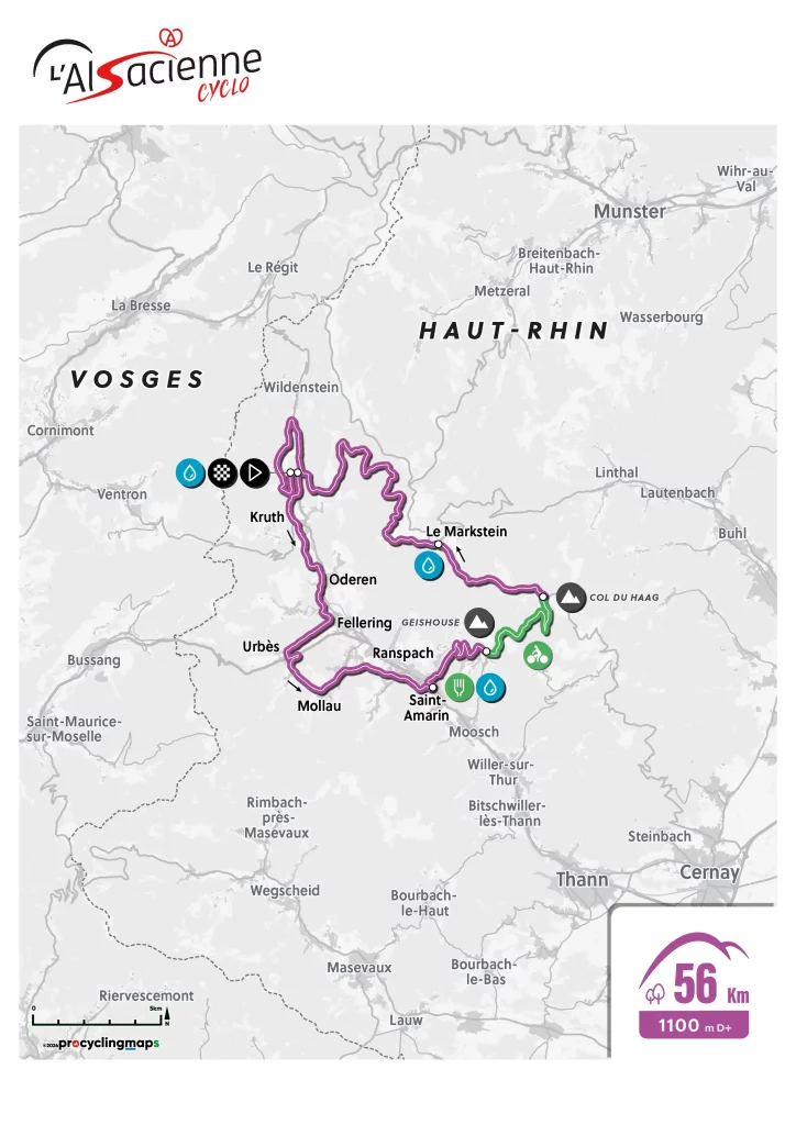 Tracé du parcours de la randonnée de 56 km de L'Alsacienne, l'événement cycliste ouvert à des milliers de participants