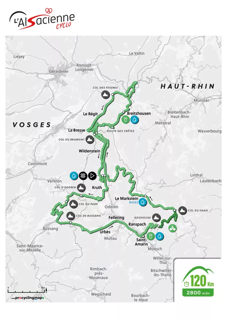 Tracé du parcours de la cyclosportive de 120 km de L'Alsacienne, l'événement cycliste ouvert à des milliers de participants