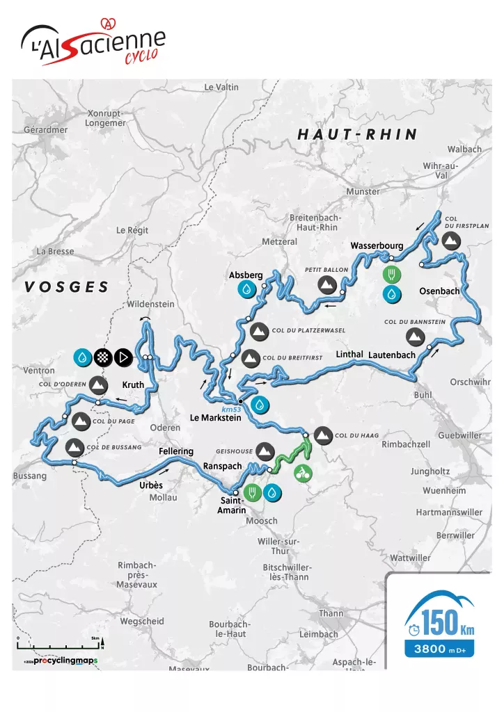 Tracé du parcours de la cyclosportive de 150 km de L'Alsacienne, l'événement cycliste ouvert à des milliers de participants