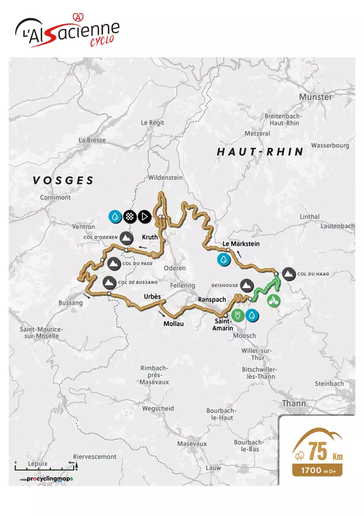 Tracé du parcours de la randonnée de 75 km de L'Alsacienne, l'événement cycliste ouvert à des milliers de participants